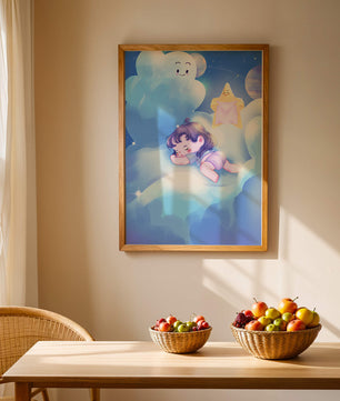 Dreamy illustration of sleeping child on clouds with smiling cloud and star