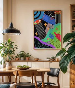 Œuvre d'art psychédélique abstraite colorée avec des formes géométriques et des yeux