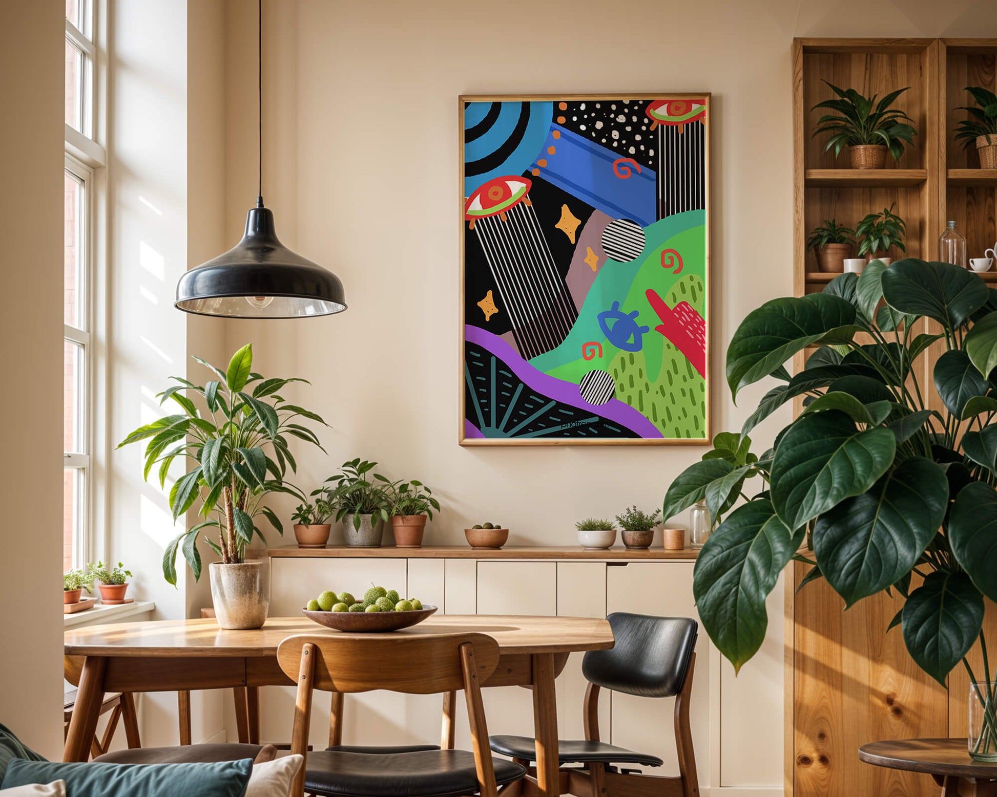 Œuvre d'art psychédélique abstraite colorée avec des formes géométriques et des yeux