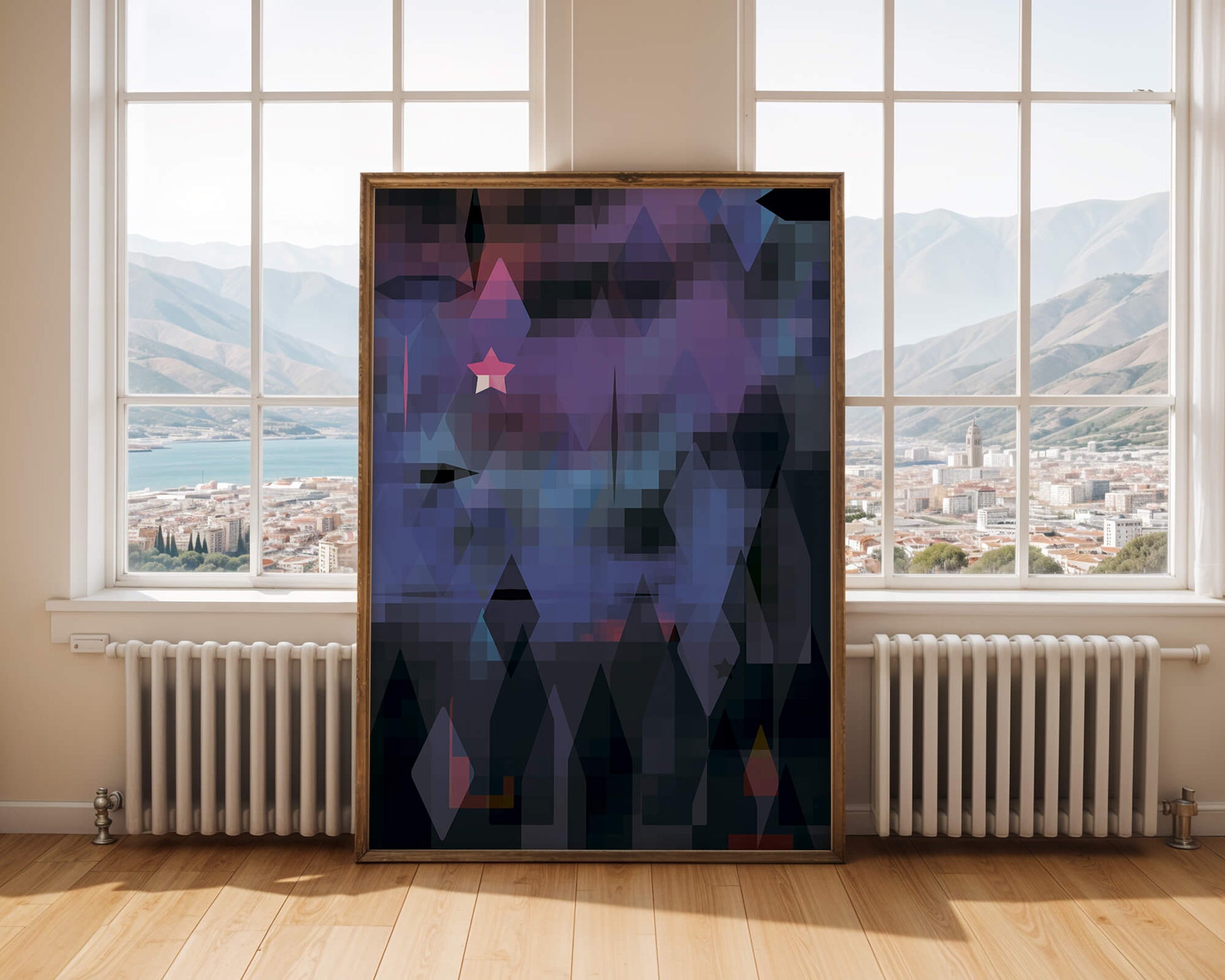 Geometrische abstrakte Kunst in lebhaften Blau- und Lilatönen
