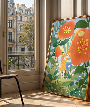 Whimsical illustration of a fairy child in a vibrant floral landscape