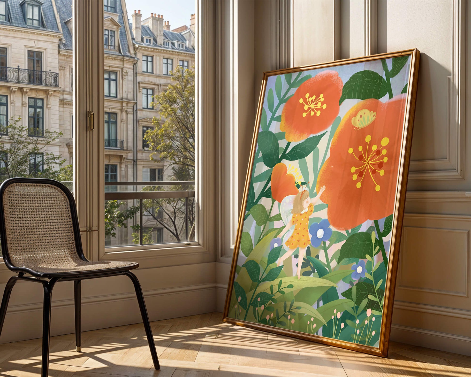 Whimsical illustration of a fairy child in a vibrant floral landscape