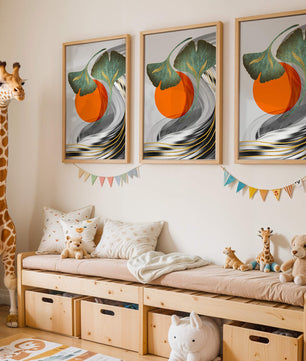 Hojas de Ginkgo abstractas con círculo naranja y ondas plateadas