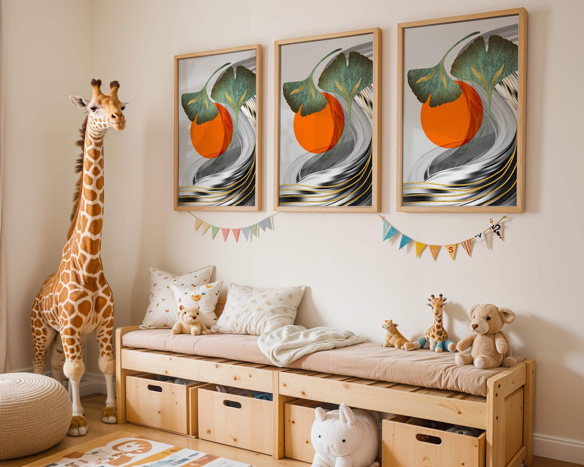 Hojas de Ginkgo abstractas con círculo naranja y ondas plateadas
