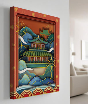 Traditionelle asiatische Architektur mit dekorativem Feuerwerk und Wellen