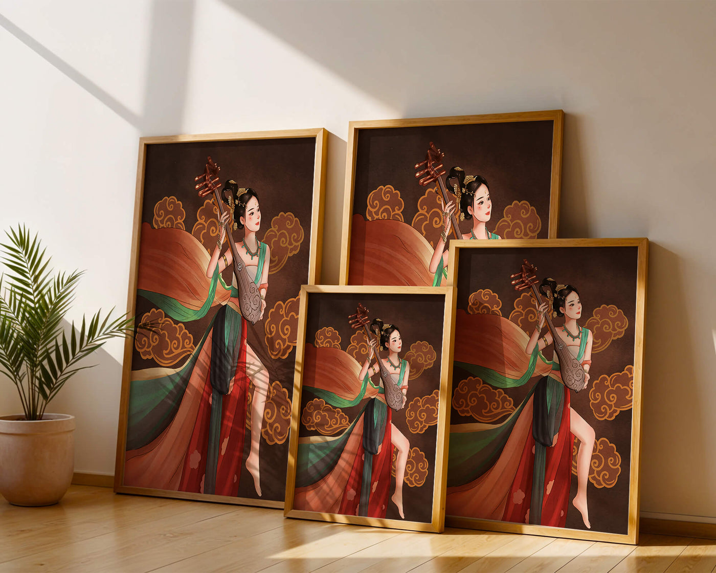 Elegant depiction of a woman playing a traditional string instrument with flowing garments and ornate background