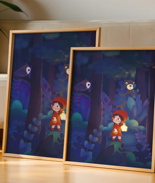 Little Girl in Red Hood Exploring Enchanted Forest at Night with Owl and Bear