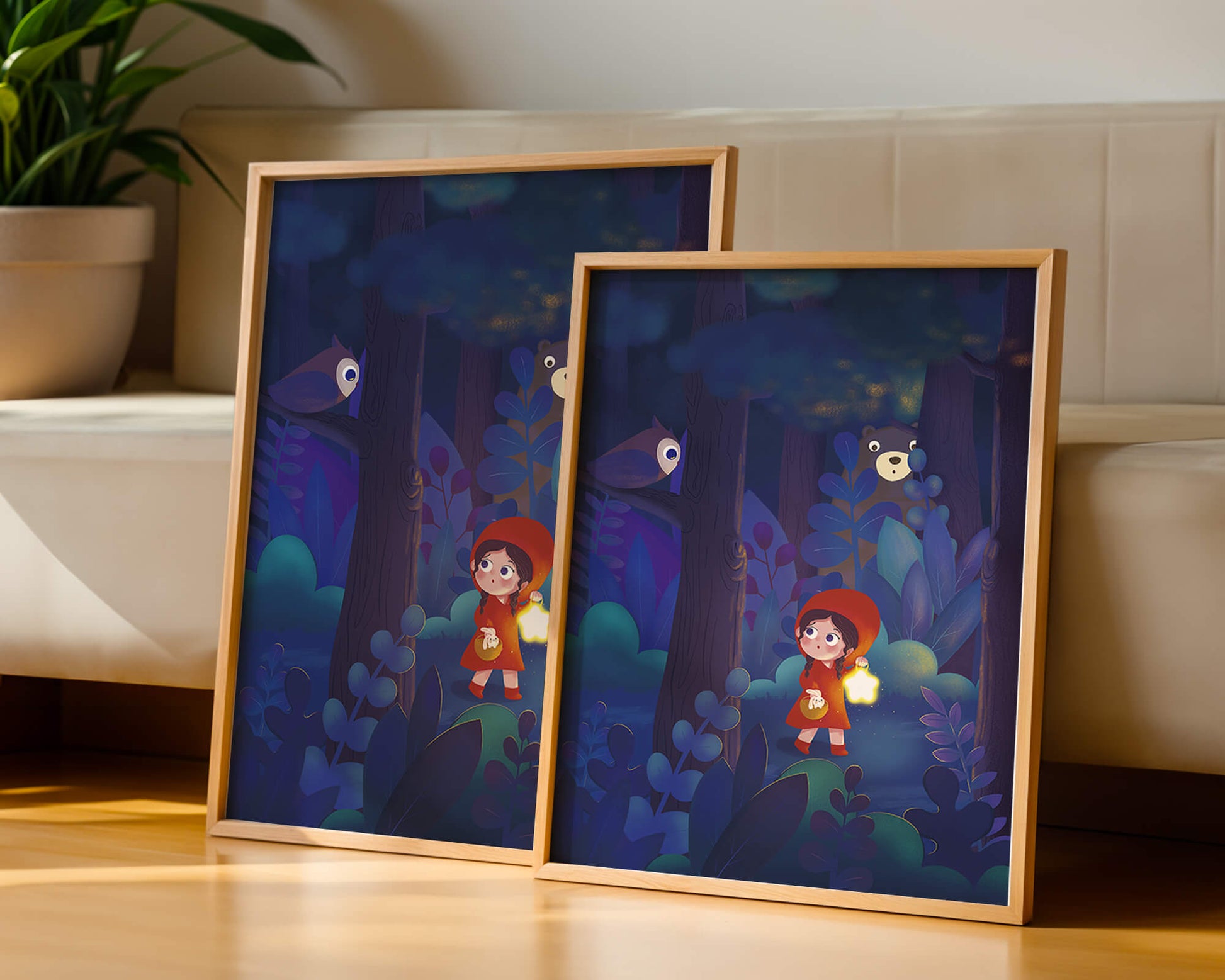 Little Girl in Red Hood Exploring Enchanted Forest at Night with Owl and Bear