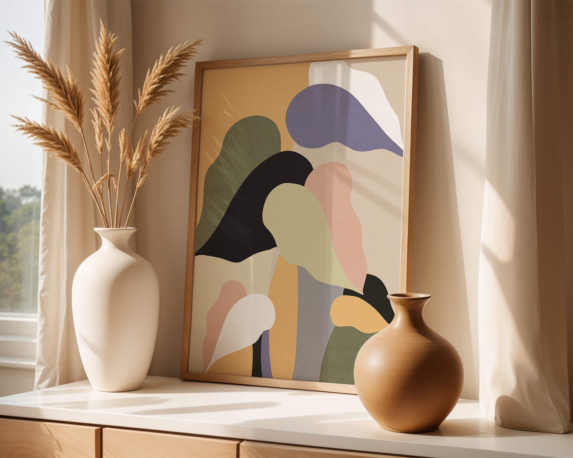 Abstract organic shapes in pastel colors with textured background
