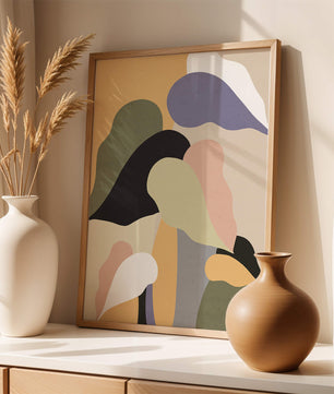 Abstract organic shapes in pastel colors with textured background