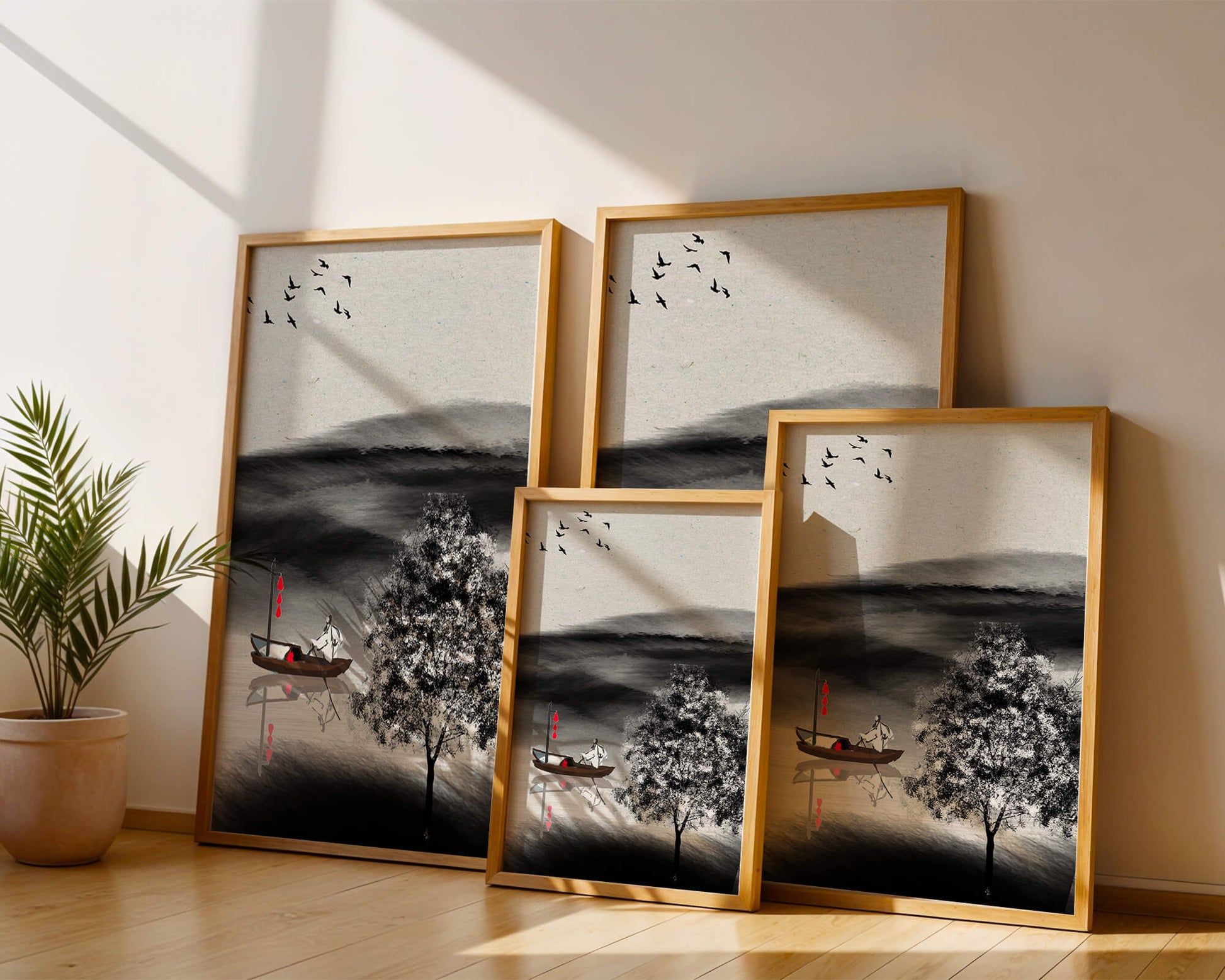 Tranquilo viaje en barco en un paisaje sereno con pájaros y árbol