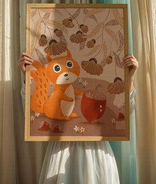 Orange Squirrel with Acorn in Autumn Forest