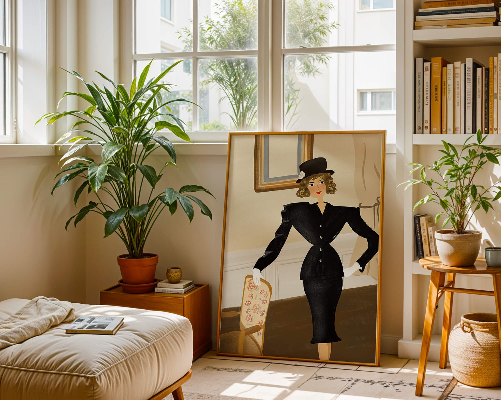 Mujer elegante en moda vintage con traje negro y sombrero