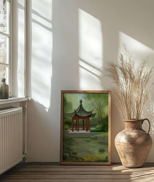 Tranquil Asian garden scene with traditional pagoda and serene pond