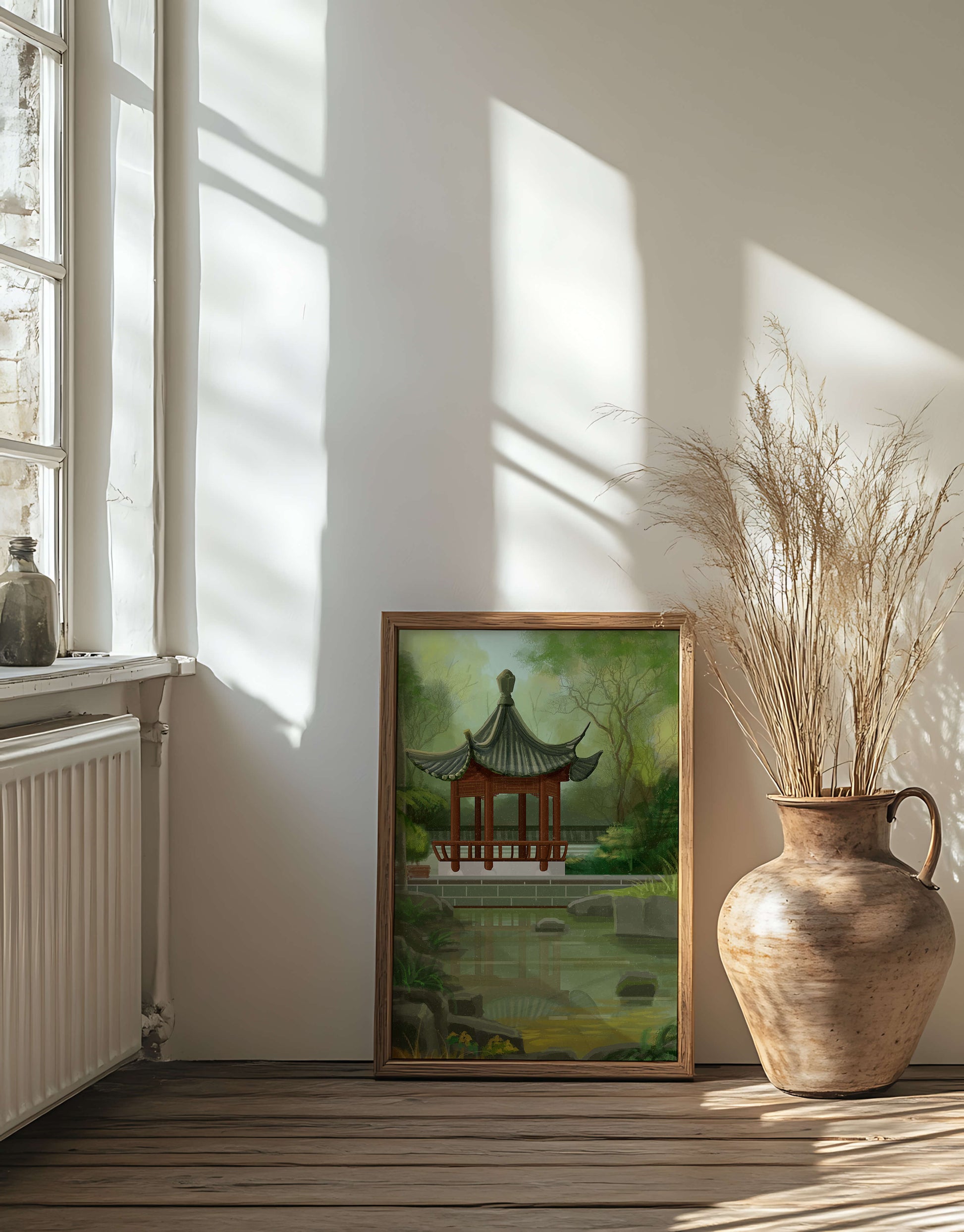 Tranquil Asian garden scene with traditional pagoda and serene pond