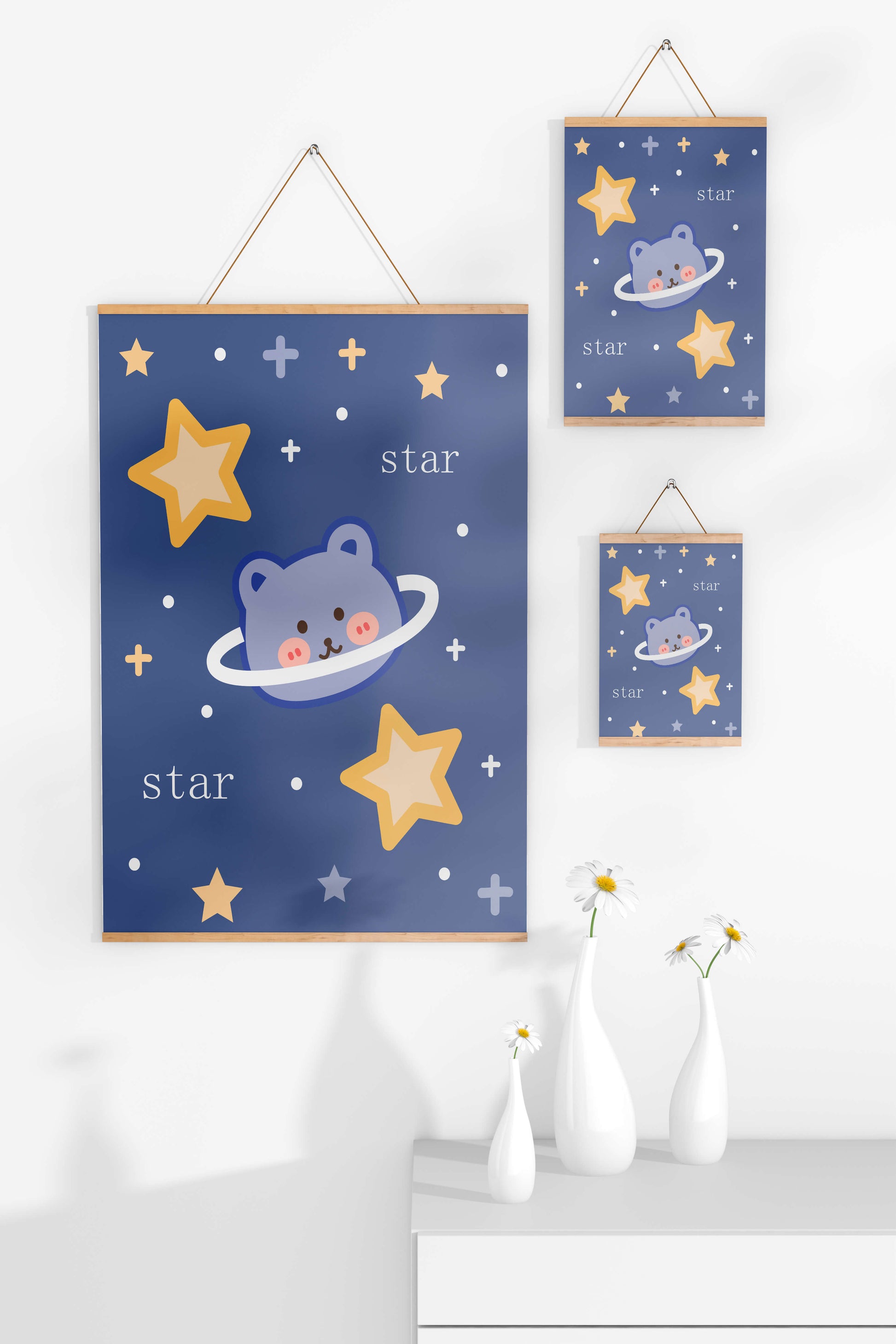 Adorable cartoon bear with stars on a blue background