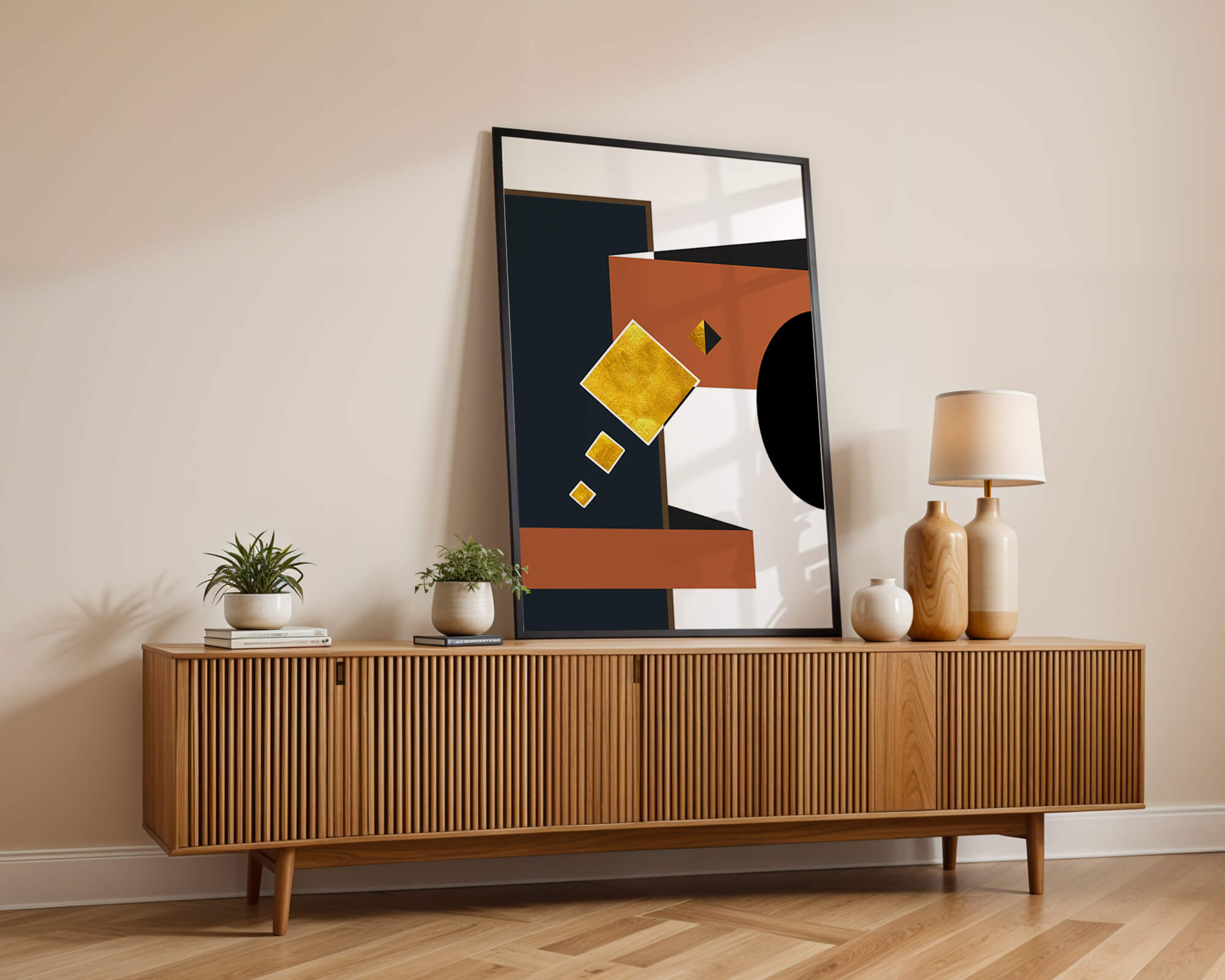 Abstract geometric art with gold accents and bold colors - Mi tienda