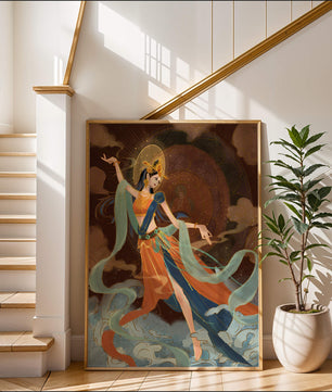 Elegant depiction of an ethereal dancer in vibrant traditional attire