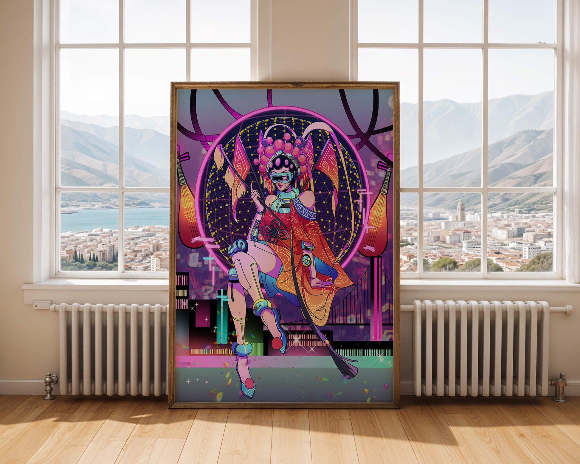Futuristic geisha with neon lights and traditional elements