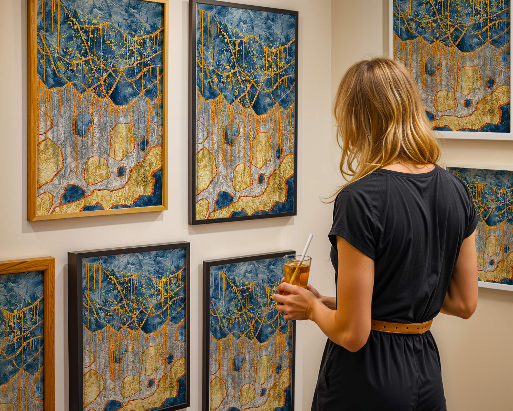 Abstract gold and blue textured art with dynamic splashes of color
