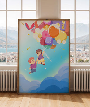 Ilustración caprichosa de niños en el cielo con globos de colores