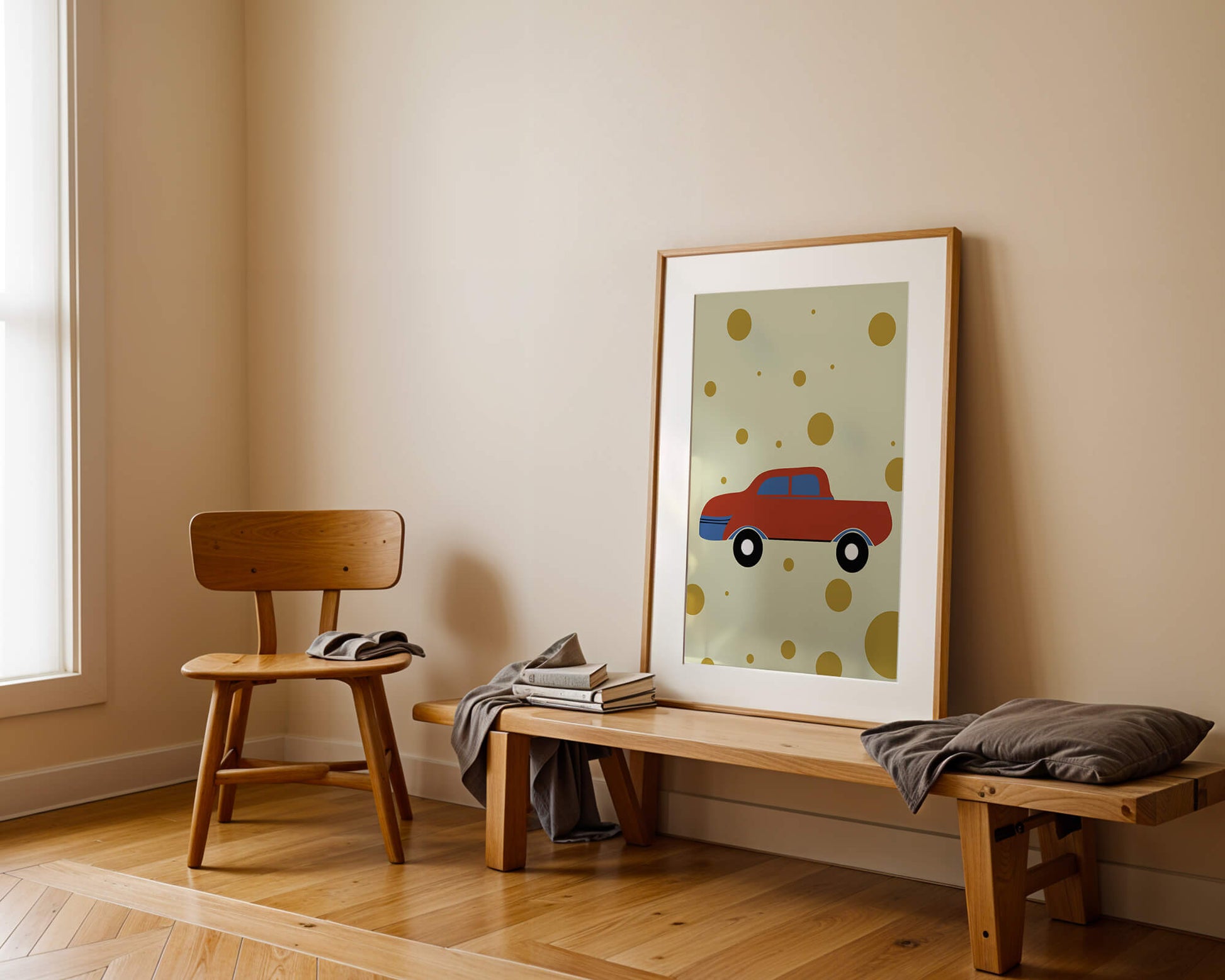 Abstract illustration of a red car with golden circles on a beige background