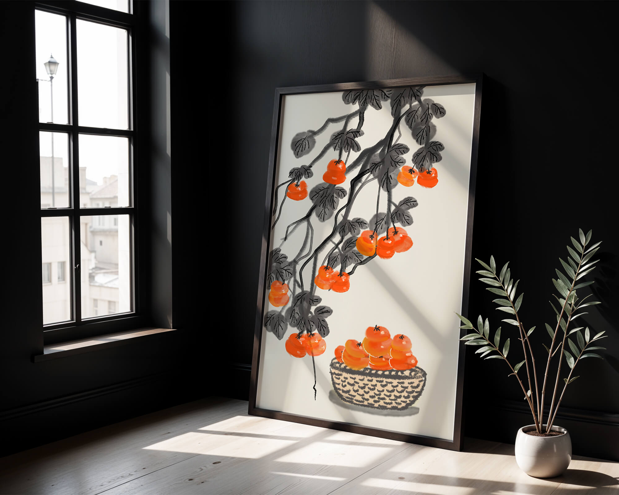 Artistic depiction of hanging persimmons with basket on watercolor canvas