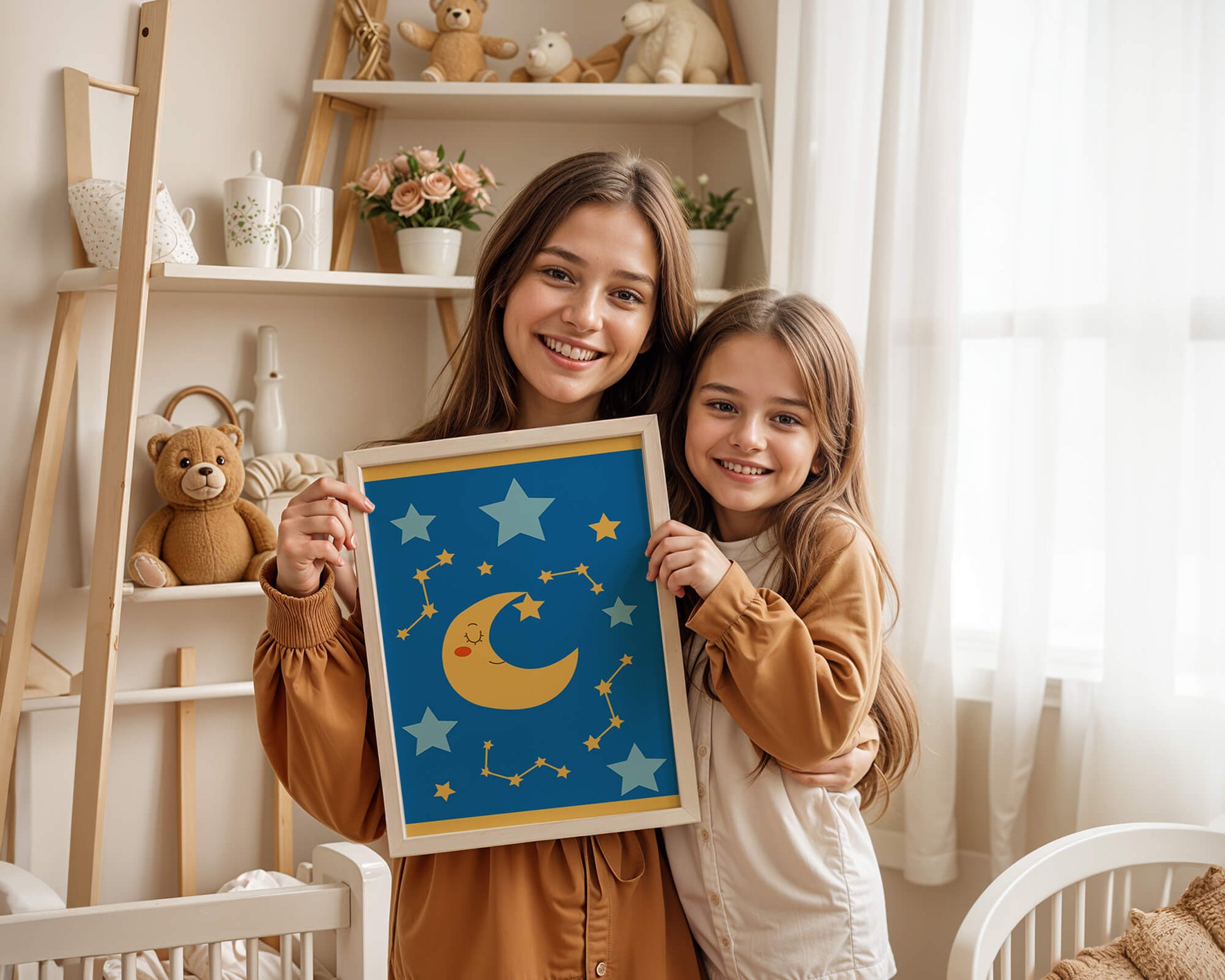 Whimsical children's room decor with smiling moon and stars