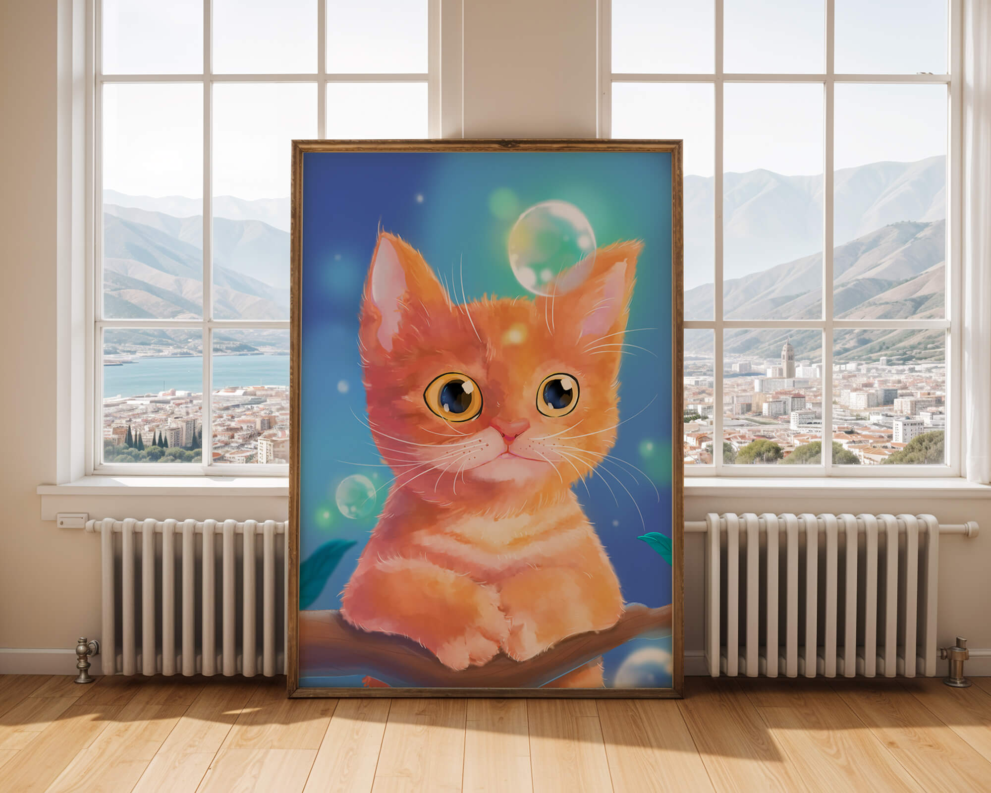 Adorable orange kitten illustration with bubbles and a colorful background