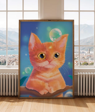 Adorable orange kitten illustration with bubbles and a colorful background