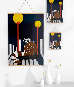Raccoon Illustration with Urban Street Lamps and Geometric Design