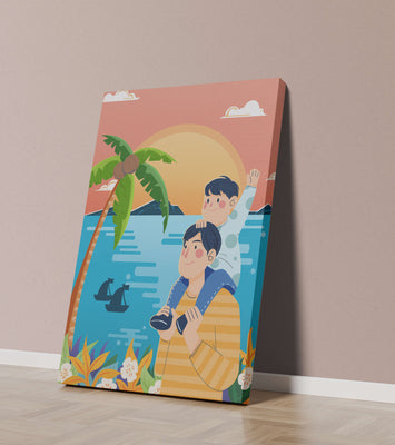 Father and son enjoying a tropical sunset with palm trees and boats