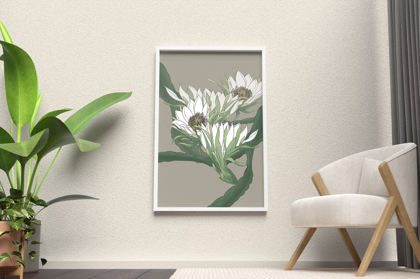 Beautiful botanical illustration of white blooming flowers with green leaves