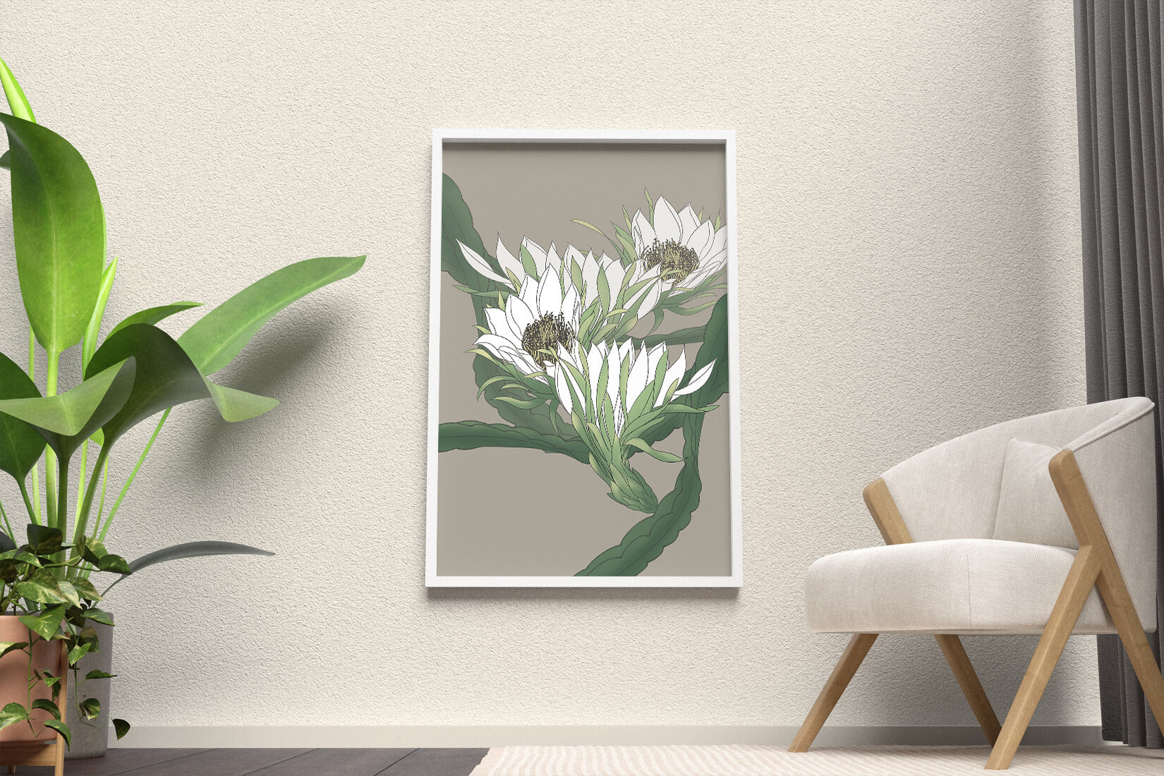 Beautiful botanical illustration of white blooming flowers with green leaves