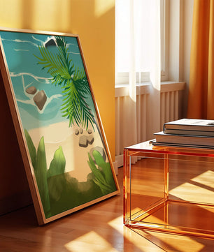 Serene tropical beach scene with lush greenery and calm waves