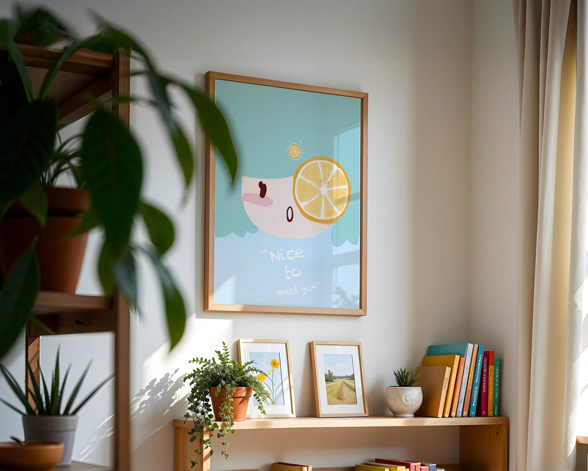 Playful Illustration of a Cartoon Face with Citrus Accent