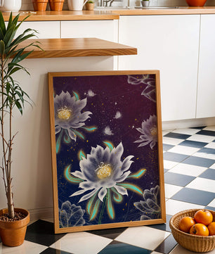 Lotus Flowers and Butterflies in a Starry Night Sky with Gold Accents - Mi tienda