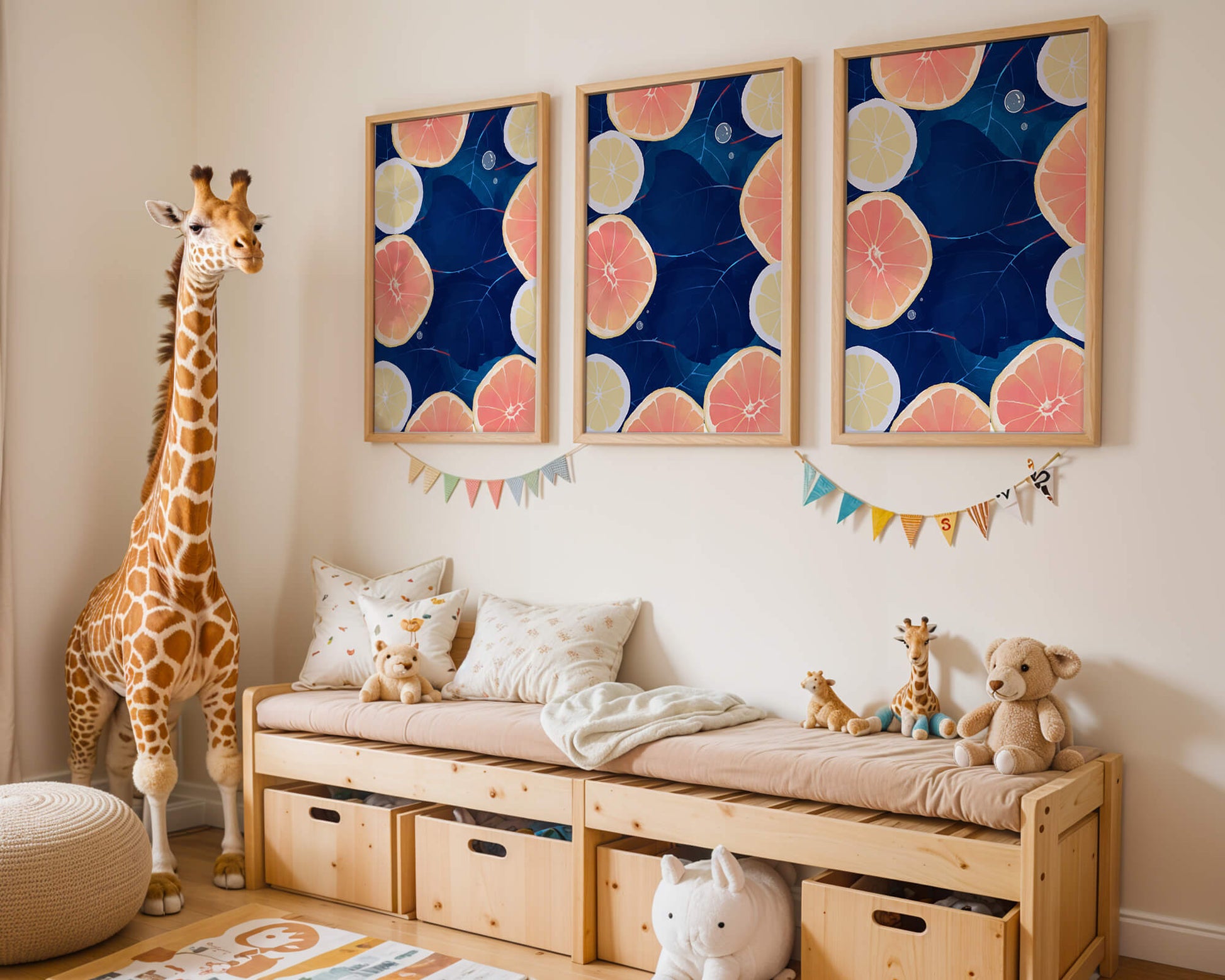 Frutas cítricas coloridas sobre fondo oscuro de hojas