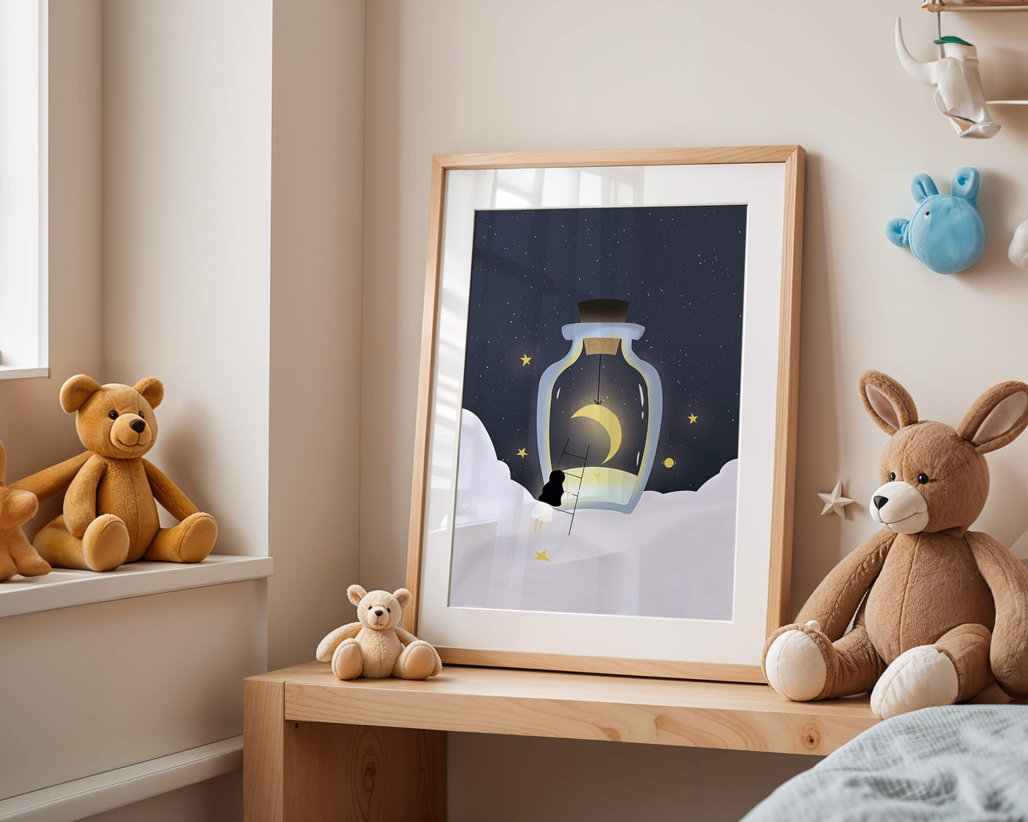 Fantasy Scene with Girl and Moon in a Bottle