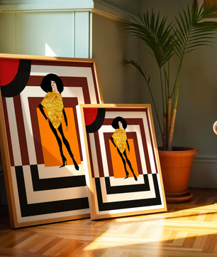 Ilustración de moda con figura en dorado y fondo geométrico