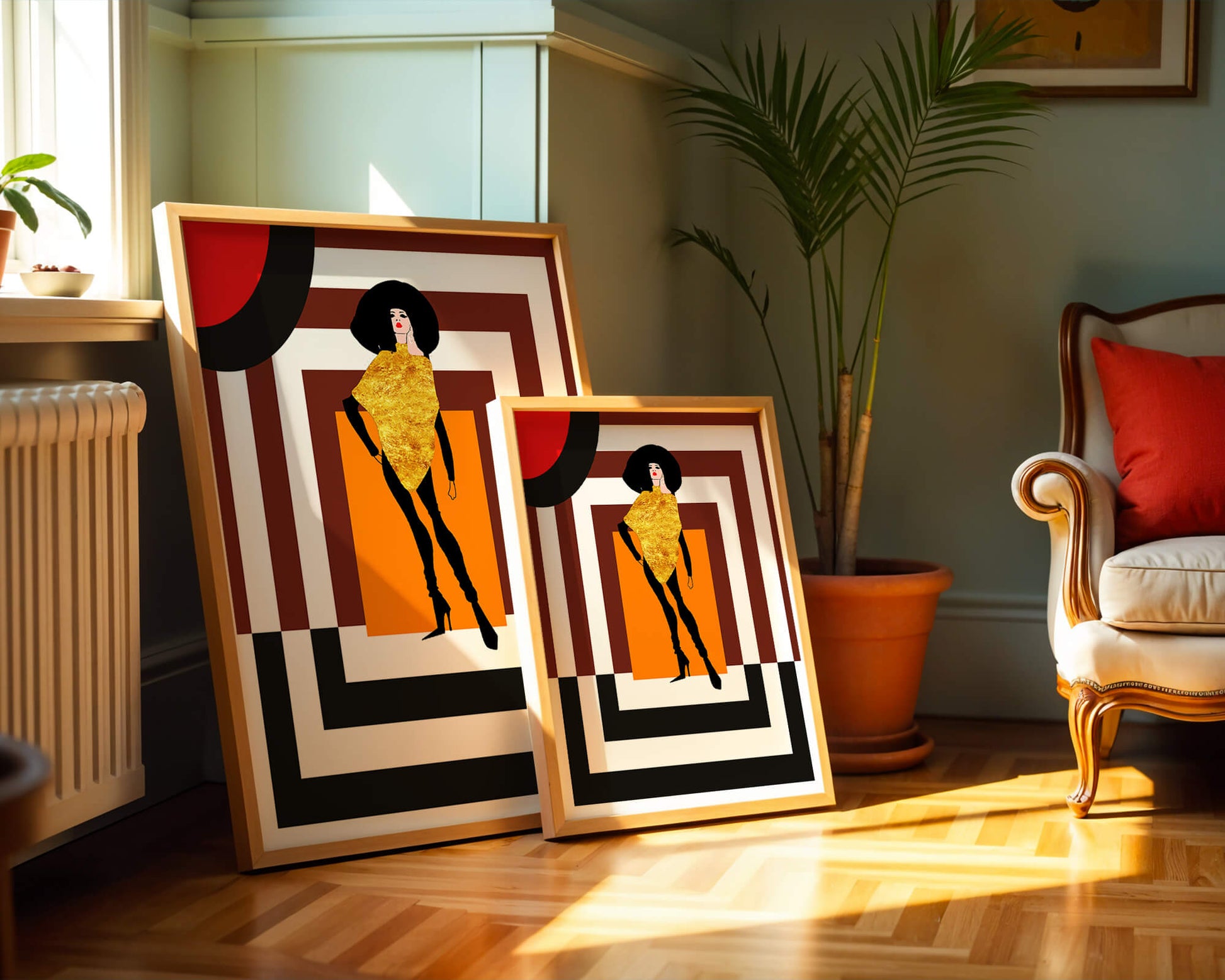 Fashion Illustration with Figure in Gold and Geometric Background