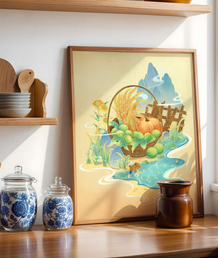 Ilustración con tema de cosecha con una cesta de productos y un fondo panorámico.