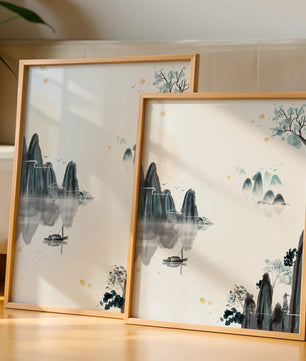 Serene watercolor landscape with mountains and river