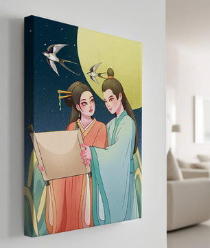 Elegant illustration of traditional attire with scroll and swallows under a full moon
