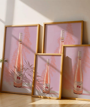 Illustrated wine bottle with a cherry label on pink background