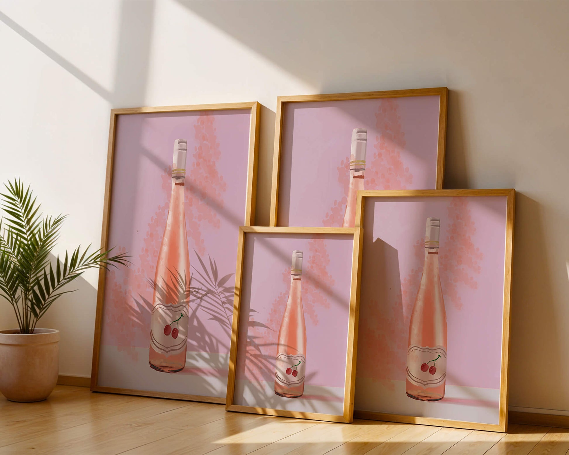 Illustrated wine bottle with a cherry label on pink background