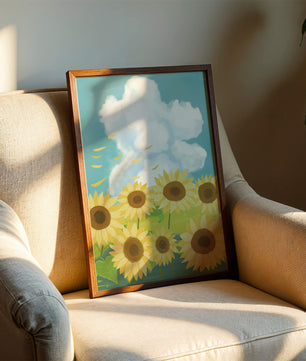 Sonnenblumen in einer hellen Wiese mit blauem Himmel und Wolken