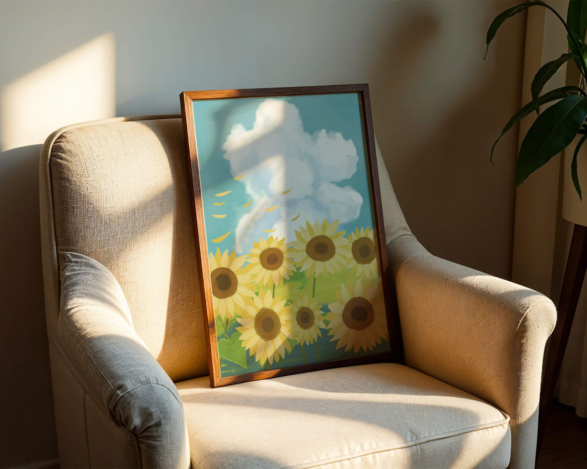 Girasoles en un prado brillante con cielo azul y nubes