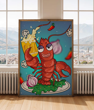 Langosta de dibujos animados juguetona sosteniendo una cerveza en un entorno caprichoso