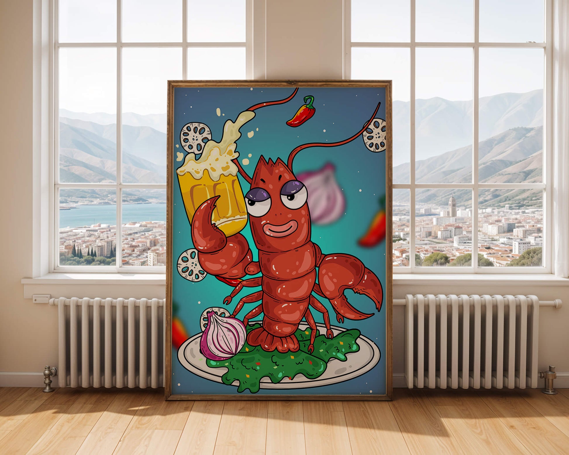 Playful cartoon lobster holding a beer in a whimsical setting